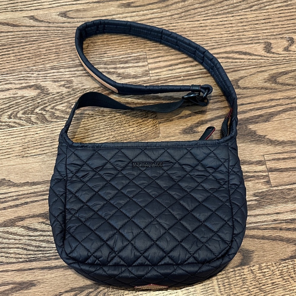 MZ Wallace Quilted Black Crossbody Bag with red detailing